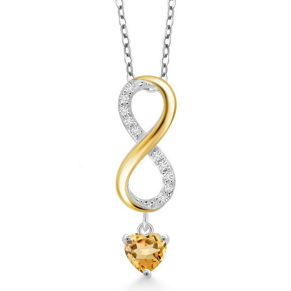 Gem Stone King 925 Silver and 10K Yellow Gold Yellow Citrine and White Lab Grown Diamond Pendant Necklace for Women (0.54 Cttw, Gemstone November Birthstone, Heart Shape 5MM, with 18 inch Chain)