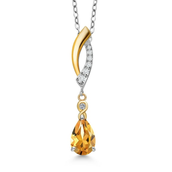 Gem Stone King 925 Silver and 10K Yellow Gold Yellow Citrine and White Lab Grown Diamond Pendant Necklace for Women | 0.74 Cttw | Gemstone November Birthstone | Pear Shape 8X5MM | With 18 inch Chain