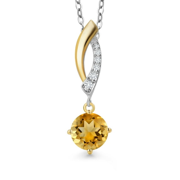 Gem Stone King 925 Silver and 10K Yellow Gold Yellow Citrine and White Lab Grown Diamond Pendant Necklace for Women | 0.83 Cttw | Gemstone November Birthstone | Round 6MM | With 18 inch Chain