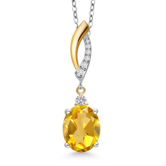 Gem Stone King 925 Silver and 10K Yellow Gold Yellow Citrine and White Lab Grown Diamond Pendant Necklace for Women | 2.47 Cttw | Gemstone November Birthstone | Oval 10X8MM | With 18 inch Chain