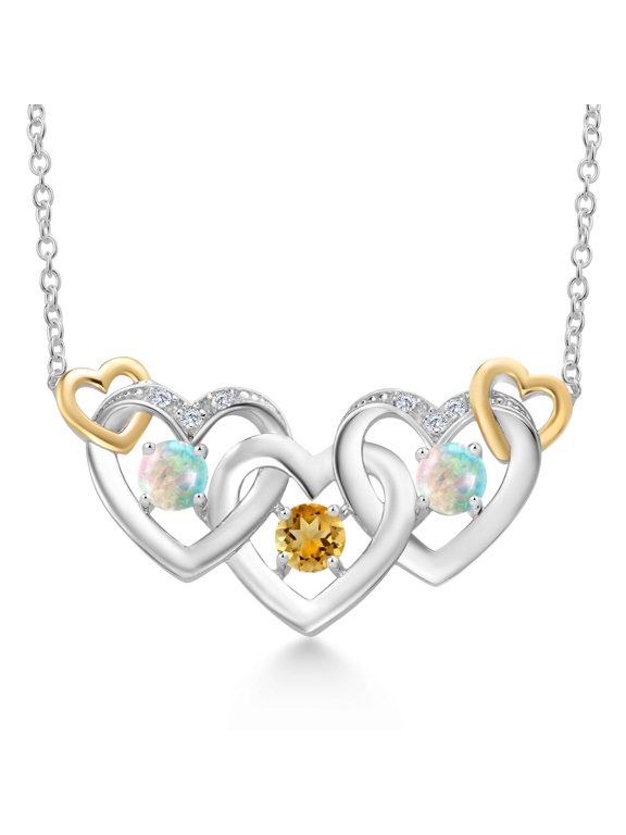 925 Silver and 10K Yellow Gold Yellow Citrine White Opal and White Lab Grown Diamond Heart Shape Pendant Necklace for Women (0.82 Cttw, with 18 inch Chain)