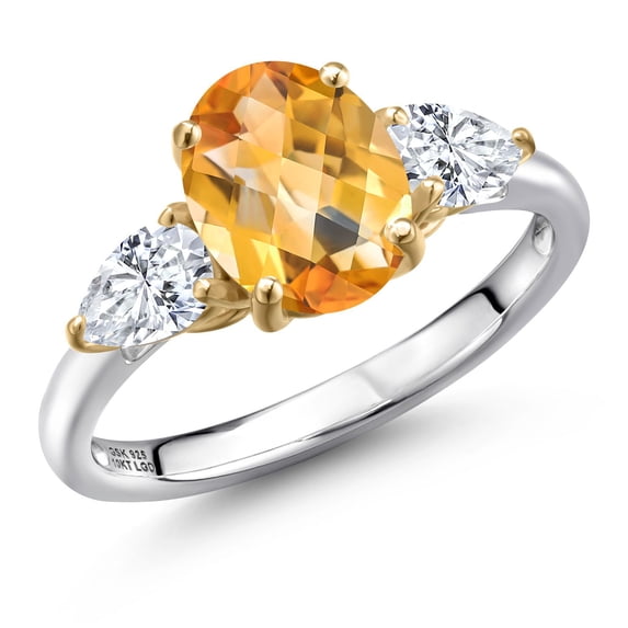 Gem Stone King 925 Silver and 10K Yellow Gold Yellow Citrine and White Zirconia Engagement Ring for Women | 2.43 Cttw | Oval Checkerboard 9X7MM | Gemstone November Birthstone | Size 7