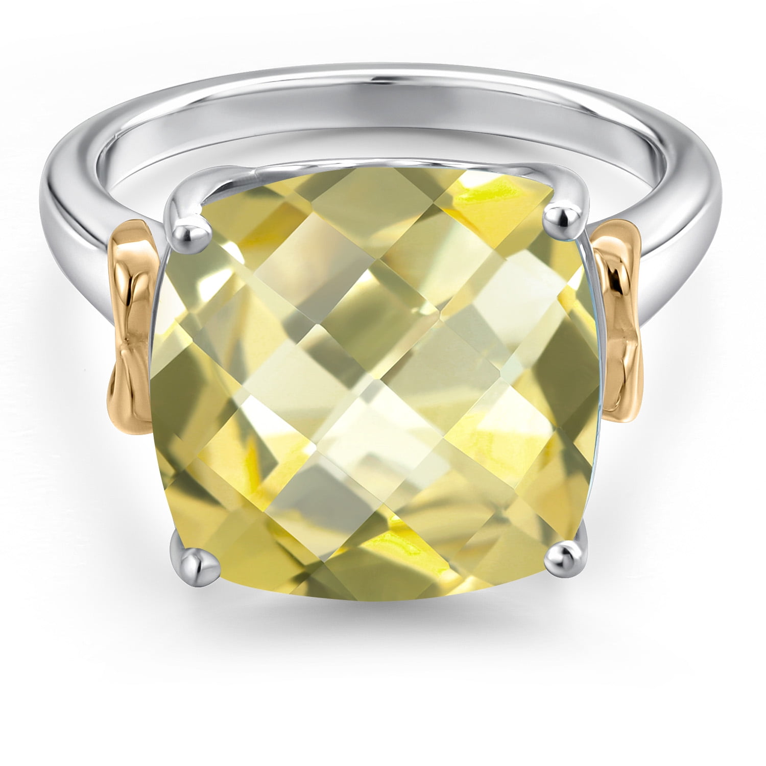 Gem Stone King 925 Silver and 10K Yellow Gold Yellow Lemon Quartz Solitaire Engagement Ring for Women | 6.70 Cttw | Cushion Checkerboard 12MM | Gemstone Birthstone | Size 9