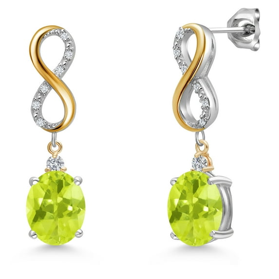 Gem Stone King 925 Silver and 10K Yellow Gold Yellow Lemon Quartz and White Lab Grown Diamond Drop Dangle Earrings for Women | 4.19 Cttw | Gemstone Birthstone | Oval 10X8MM
