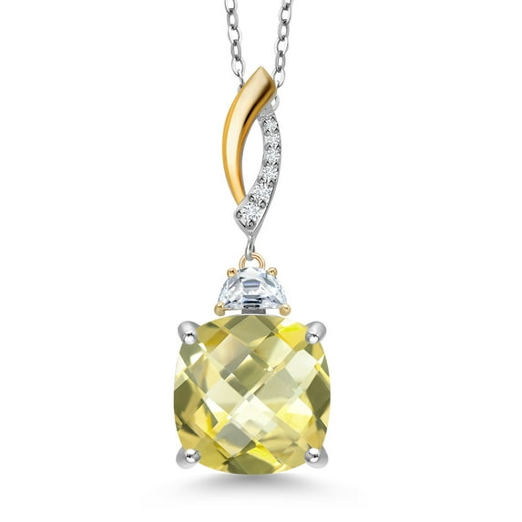 Gem Stone King 925 Silver and 10K Yellow Gold Yellow Lemon Quartz and White Moissanite Pendant Necklace for Women | 6.93 Cttw | Gemstone Birthstone | Cushion Checkerboard 12MM | With 18 inch Chain