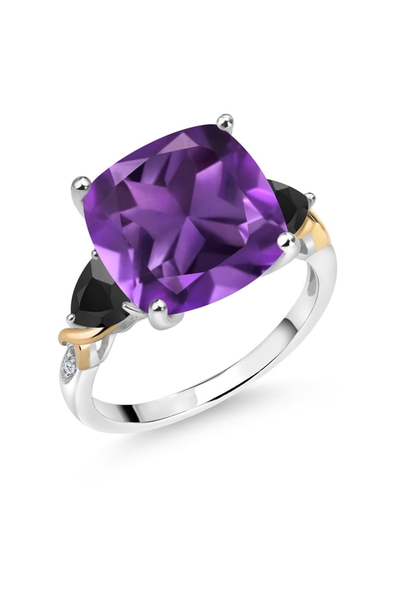 925 Silver and 10K Yellow Purple Amethyst and Black Onyx and Diamond Ring for Women (7.13 Cttw, 12MM Cushion and 5mm Trillion) (Size 5)