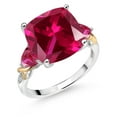 thumbnail image 1 of Gem Stone King 925 Silver and 10K Yellow Red Created Ruby and Diamond Ring for Women (8.87 Cttw, 12MM Cushion and 5mm Trillion, Size 7), 1 of 3