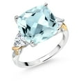 thumbnail image 1 of Gem Stone King 925 Silver and 10K Yellow Sky Blue Simulated Aquamarine and White Moissanite and Diamond Ring for Women (6.95 Cttw, 12MM Cushion and 5mm Trillion) (Size 9), 1 of 3