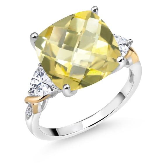 Gem Stone King 925 Silver and 10K Yellow Yellow Lemon Quartz and White Moissanite and Diamond Ring for Women (7.65 Cttw, 12MM Cushion and 5mm Trillion) (Size 9)