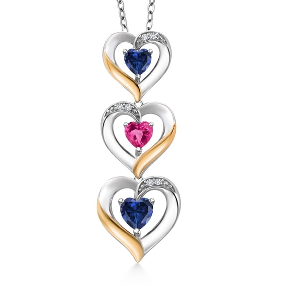 Gem Stone King 925 Silver and 10k Yellow Gold Blue Created Sapphire Pink Created Sapphire and White Lab Grown Diamond Triple 3 Heart Shape Pendant Necklace for Women (1.50 Cttw, with 18 inch Chain)