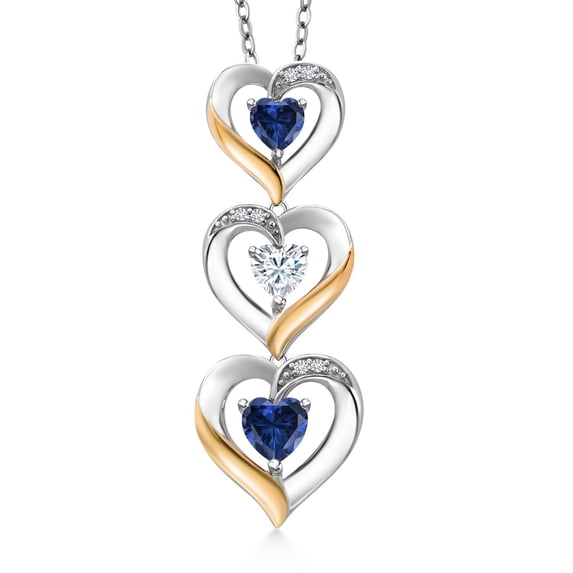 Gem Stone King 925 Silver and 10k Yellow Gold Blue Created Sapphire White Moissanite and White Lab Grown Diamond Triple 3 Heart Shape Pendant Necklace for Women (1.23 Cttw, with 18 inch Chain)