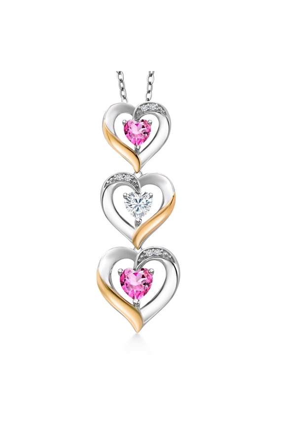 925 Silver and 10k Yellow Gold Pink Mystic Topaz White Moissanite and White Lab Grown Diamond Triple 3 Heart Shape Pendant Necklace for Women (1.16 Cttw, with 18 inch Chain)