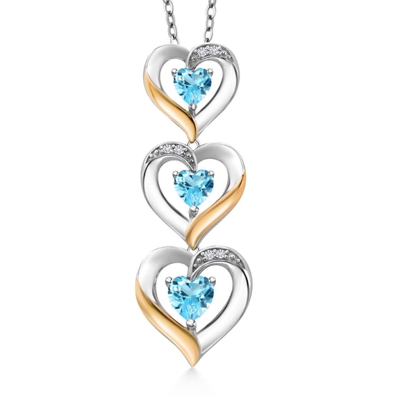 Gem Stone King 925 Silver and 10k Yellow Gold Swiss Blue Topaz and White Lab Grown Diamond Triple 3 Heart Shape Pendant Necklace for Women (1.21 Cttw, with 18 inch Chain)