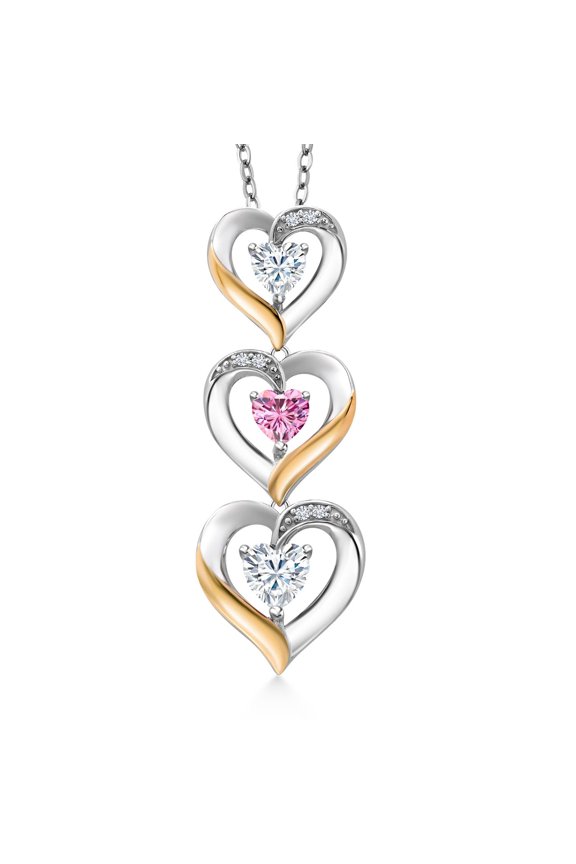 925 Silver and 10k Yellow Gold White Moissanite Pink Moissanite and White Lab Grown Diamond Triple 3 Heart Shape Pendant Necklace for Women (0.90 Cttw, with 18 inch Chain)