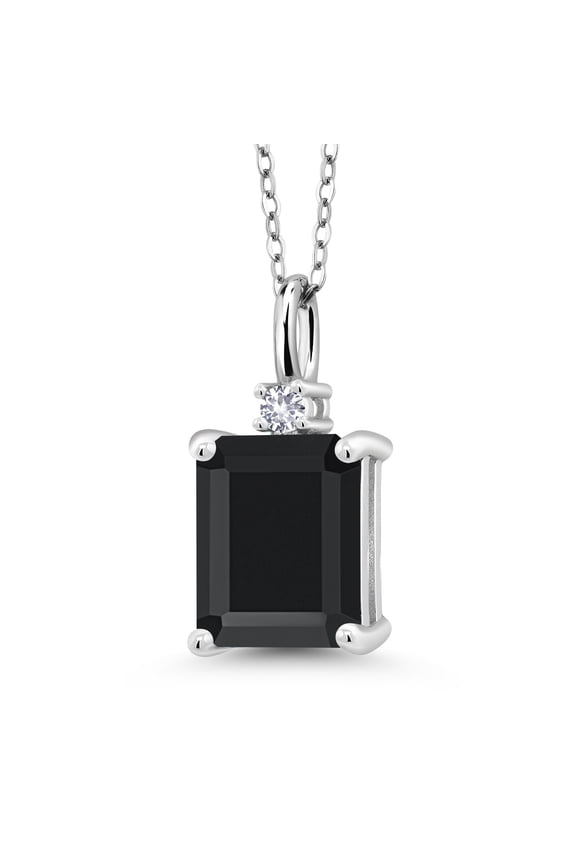 925 Silver Black Onyx and White Created Sapphire Pendant Necklace for Women (3.17 Cttw, Gemstone December Birthstone, Emerald Cut 10X8MM with 18 inch Silver Chain)