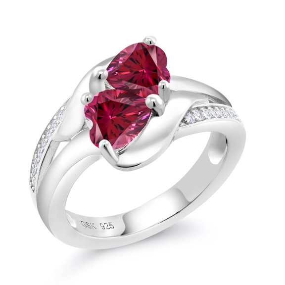 Gem Stone King 925 Silver Class Ring White Created Sapphire and Set with Red Zirconia (Size 9)