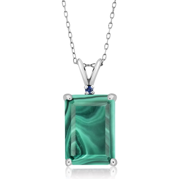 Gem Stone King 925 Silver Green Malachite and Blue Created Sapphire Pendant Necklace for Women (10.02 Cttw, Gemstone Birthstone, Emerald Cut 14X10MM, with 18 inch Silver Chain)
