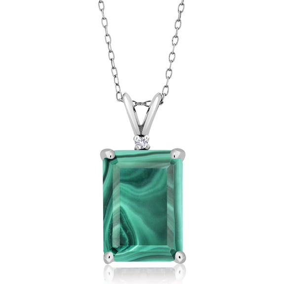 Gem Stone King 925 Silver Green Malachite and White Created Sapphire Pendant Necklace for Women (10.02 Cttw, Gemstone Birthstone, Emerald Cut 14X10MM, with 18 inch Silver Chain)