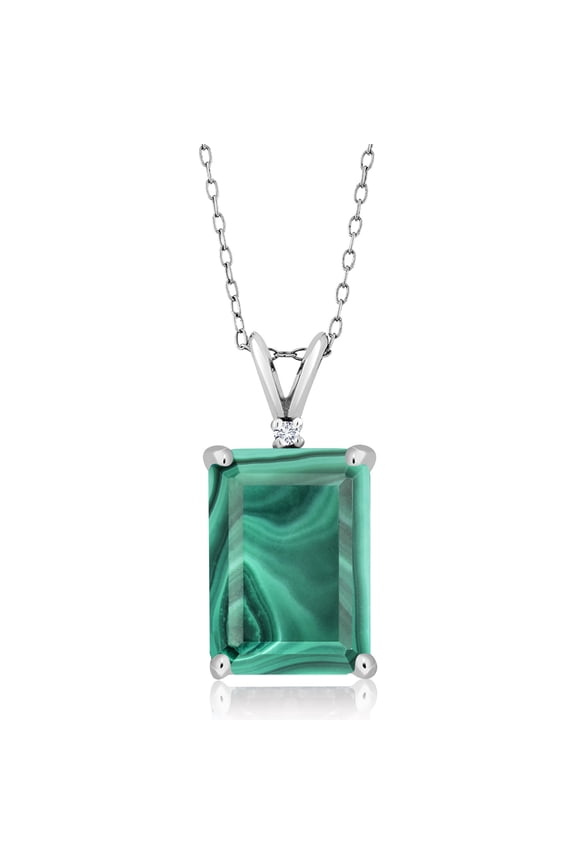 925 Silver Green Malachite and White Lab Grown Diamond Pendant Necklace for Women (10.02 Cttw, Gemstone Birthstone, Emerald Cut 14X10MM, with 18 inch Silver Chain)