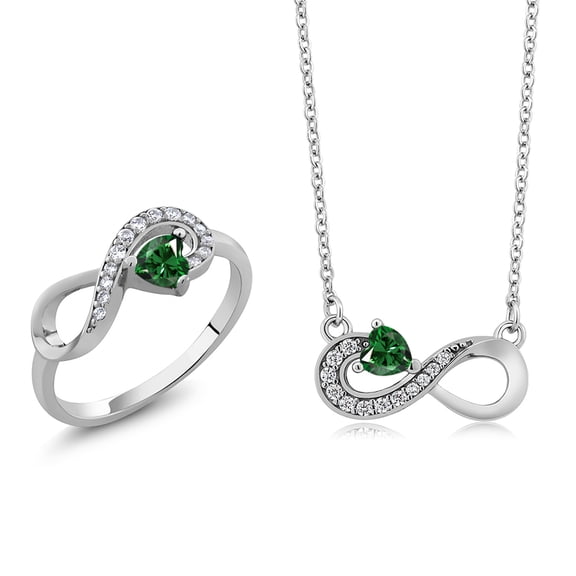 Gem Stone King 925 Silver Green Nano Emerald Infinity Ring Pendant Jewelry Set for Women (1.05 Cttw, Gemstone May Birthstone, Heart 4MM, with 18 inch Silver Chain)