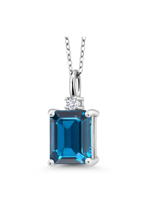 925 Silver London Blue Topaz and White Lab Grown Diamond Pendant Necklace for Women (4.04 Cttw, Gemstone November Birthstone, Emerald Cut 10X8MM with 18 inch Silver Chain)