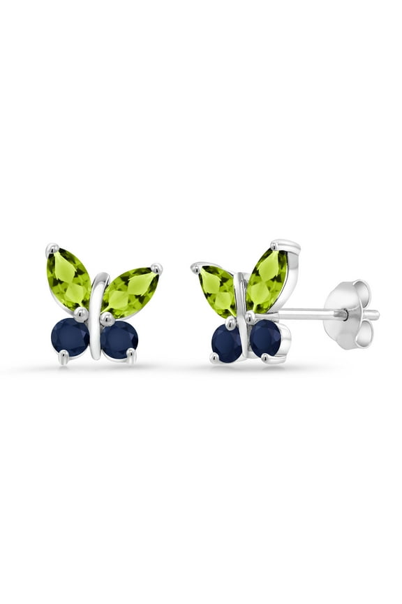 925 Silver Marquise Green Peridot and Blue Sapphire Butterfly Earrings for Women (1.52 Cttw, Gemstone August Birthstone, Center Stone: 6X3MM, Small Stones: 3MM)