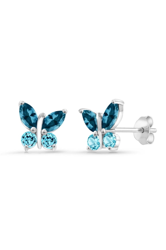 1.80 Cttw Marquise London Blue Topaz and Swiss Blue Topaz Butterfly Earrings for Women | 925 Sterling Silver | Gemstone November Birthstone | Center Stone: 6X3MM | Small Stones: 3MM