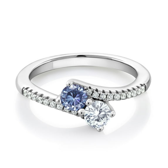 Gem Stone King 925 Silver Persian Blue Moissanite White Moissanite and Zirconia Bypass Ring for Women (0.70 Cttw, Gemstone Birthstone, Round 4MM, Available in Size 5, 6, 7, 8, 9)