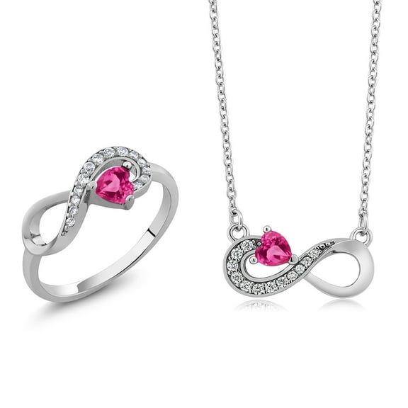 Gem Stone King 925 Silver Pink Created Sapphire Infinity Ring Pendant Jewelry Set for Women (1.25 Cttw, Gemstone September Birthstone, Heart 4MM, with 18 inch Silver Chain)