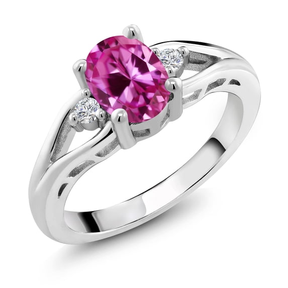 Gem Stone King 925 Silver Pink Created Sapphire and White Lab Grown Diamond 3 Stone Engagement Ring for Women | 1.73 Cttw | Oval 8X6MM | Round 2MM | Available in Size 5,6,7,8,9