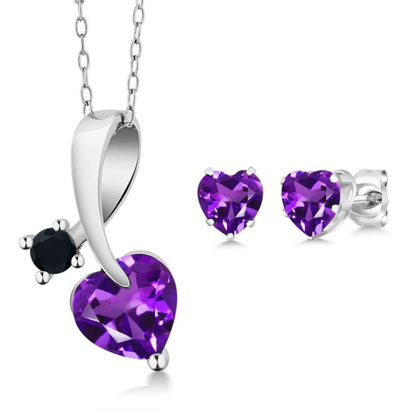 Gem Stone King 925 Silver Purple Amethyst and Black Onyx Heart Shape Pendant and Earrings Jewelry Set for Women (1.84 Cttw, Gemstone February Birthstone, with 18 inch Chain)