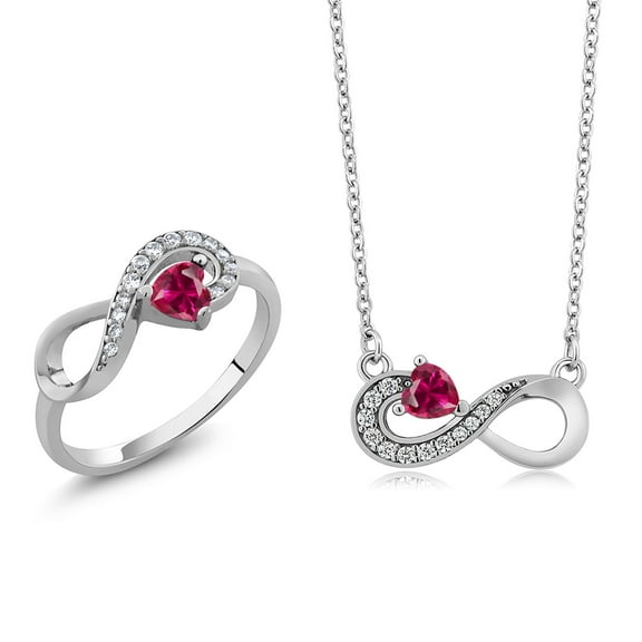 Gem Stone King 925 Silver Red Created Ruby Infinity Ring Earrings Pendant Jewelry Set for Women (0.85 Cttw, Gemstone July Birthstone, Heart 4MM, with 18 inch Silver Chain)