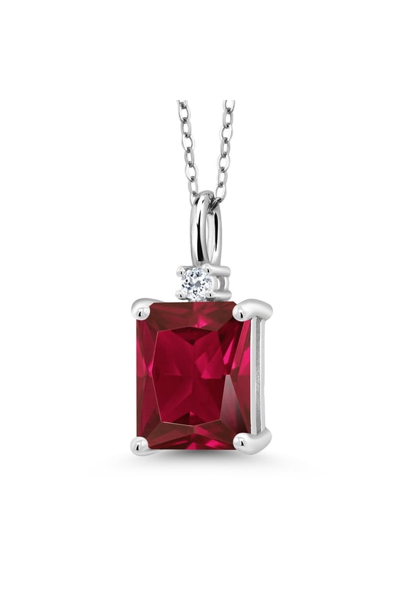 925 Silver Red Created Ruby and White Topaz Pendant Necklace for Women (3.84 Cttw, Gemstone July Birthstone, Emerald Cut 10X8MM with 18 inch Silver Chain)