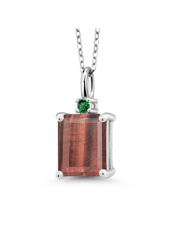 925 Silver Red Tiger Eye and Green Nano Emerald Pendant Necklace for Women (3.03 Cttw, Gemstone Birthstone, Emerald Cut 10X8MM with 18 inch Silver Chain)
