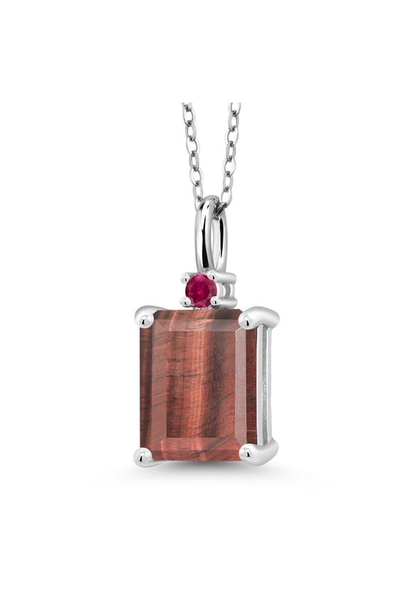 925 Silver Red Tiger Eye and Red Created Ruby Pendant Necklace for Women (3.05 Cttw, Gemstone Birthstone, Emerald Cut 10X8MM with 18 inch Silver Chain)