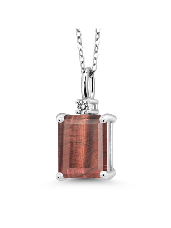 925 Silver Red Tiger Eye and White Diamond Pendant Necklace for Women (3.03 Cttw, Gemstone Birthstone, Emerald Cut 10X8MM with 18 inch Silver Chain)