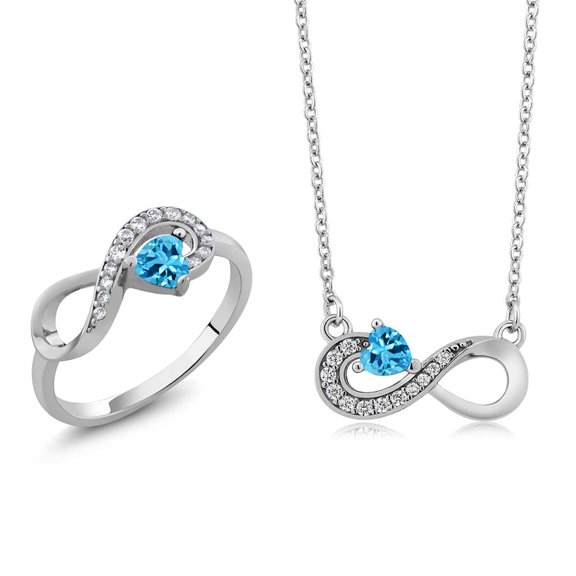 Gem Stone King 925 Silver Swiss Blue Topaz Infinity Ring Pendant Jewelry Set for Women (0.91 Cttw, Gemstone November Birthstone, Heart 4MM, with 18 inch Silver Chain, Size 5)