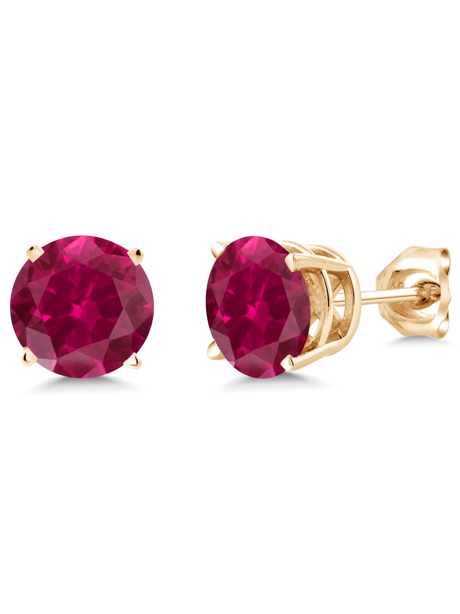 Gem Stone King 18K Yellow Gold Plated Silver Created Red Ruby Stud Earrings for Women Men (2.00 Cttw, Round 6MM)