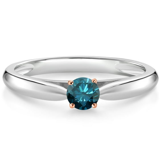 Gem Stone King 925 Silver and 10K Rose Gold Blue Diamond Solitaire Engagement Ring for Women | 0.15 Cttw | Gemstone Birthstone | Round 3.5MM | Wedding Engagement Anniversary Ring for Women