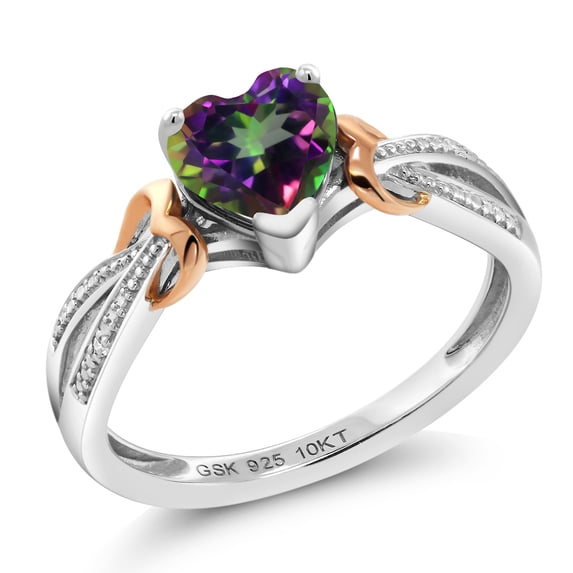 Gem Stone King 925 Silver and 10K Rose Gold Diamond Ring Heart Shape Green Mystic Topaz (0.96 Ct)