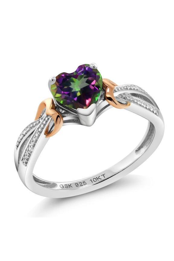 925 Silver and 10K Rose Gold Diamond Ring Heart Shape Green Mystic Topaz (0.96 Ct)