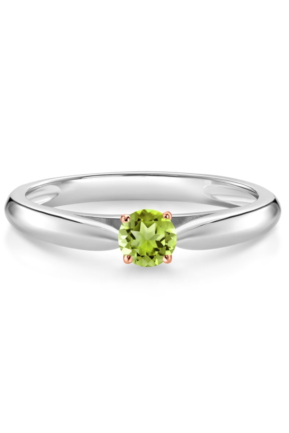 925 Silver and 10K Rose Gold Green Peridot Solitaire Engagement Ring for Women (0.21 Cttw, Gemstone August Birthstone, Round 3.5MM, Size 5)