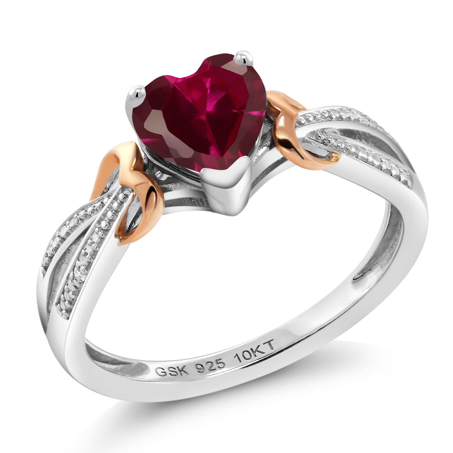 Gem Stone King 925 Silver and 10K Rose Gold Red Created Ruby and Diamond Ring (0.98 Cttw, Heart Shape 6MM, Available in Size 5, 6, 7, 8, 9)