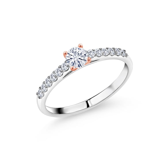 Gem Stone King 925 Silver and 10K Rose Gold Ring Lab Grown Diamond Set with Round Moissanite (0.41 Cttw, Size 7)