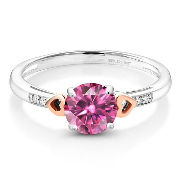 Gem Stone King 925 Silver and 10K Rose Gold Ring Round Pink Moissanite and Diamond White (1.23 Cttw, Size 9)
