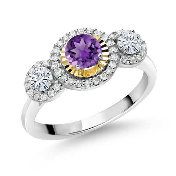 Gem Stone King 925 Silver and 10K Yellow Gold 3-Stone 3 Stone Women's Lab Grown Diamond Ring Amethyst Moissanite (0.66 Cttw, Size 5)