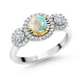 thumbnail image 1 of Gem Stone King 925 Silver and 10K Yellow Gold 3-Stone 3 Stone Women's Lab Grown Diamond Ring Cabochon Simulated Opal Moissanite (0.66 Cttw, Size 5), 1 of 3