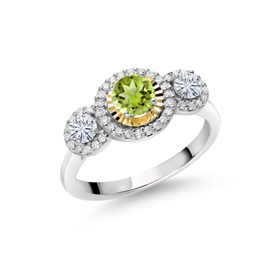Gem Stone King 925 Silver and 10K Yellow Gold 3-Stone 3 Stone Women's Lab Grown Diamond Ring Peridot Moissanite (0.71 Cttw)