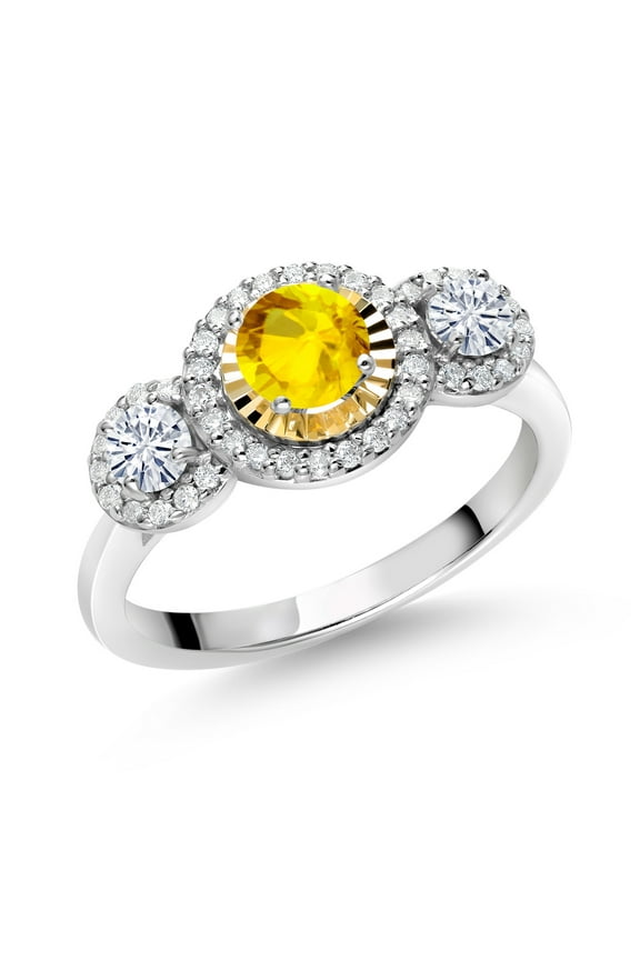 925 Silver and 10K Yellow Gold 3-Stone 3 Stone Women's Lab Grown Diamond Ring Sapphire Moissanite (0.77 Cttw, Size 7)