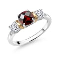 thumbnail image 1 of Gem Stone King 925 Silver and 10K Yellow Gold 3-Stone Diamond Ring Cushion Checkerboard Red Garnet and Moissanite (1.62 Cttw, Size 8), 1 of 3